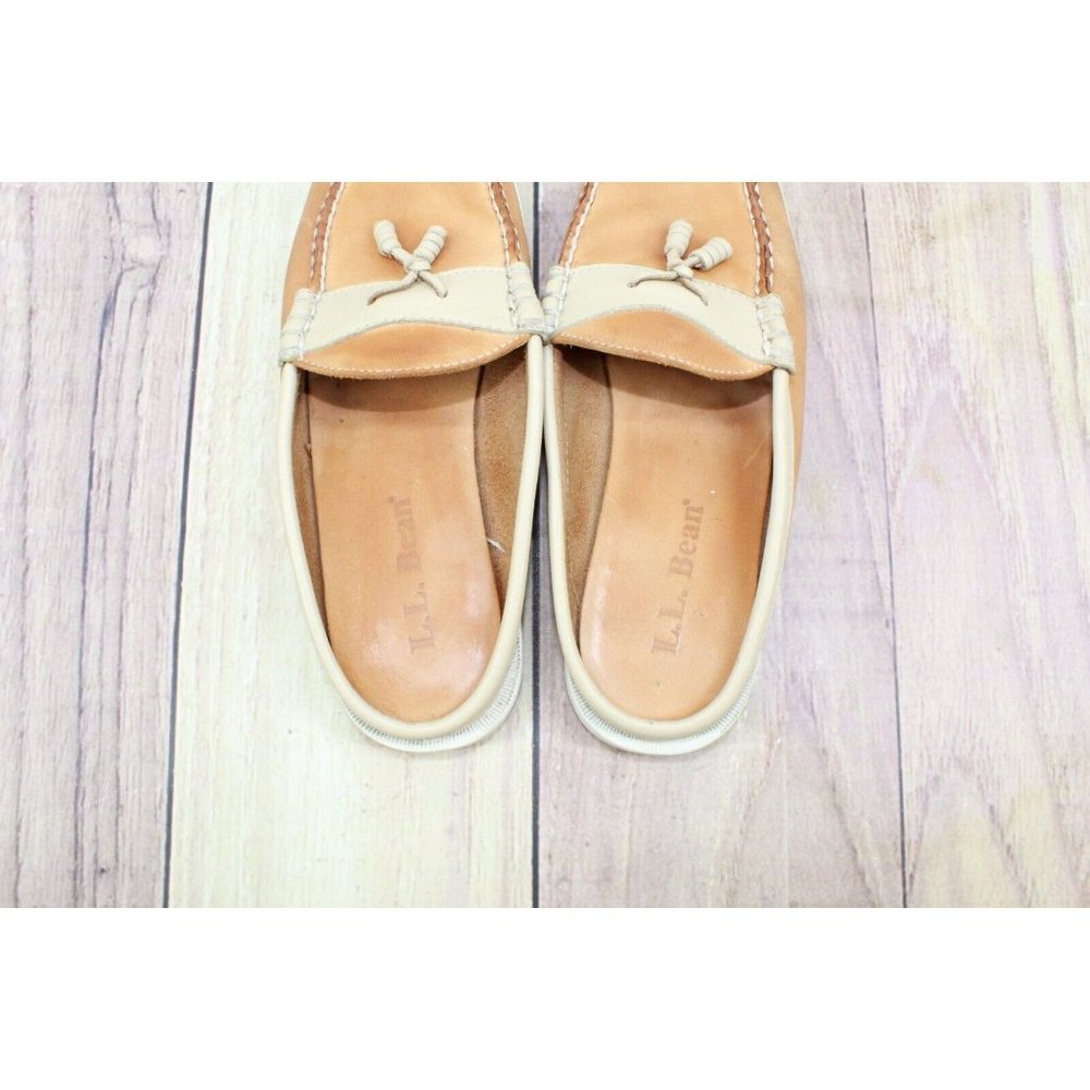 LL Bean Tan Leather Mule Flat Slide Moc Toe Open Back Loafer Size 6 M - Picture 6 of 9